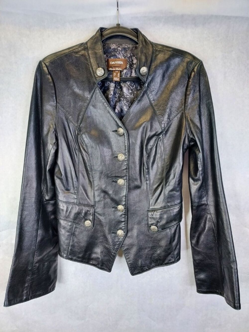 DANIER Button Up Leather Jacket Women's S Black Flared Sleeve Biker Goth Witchy